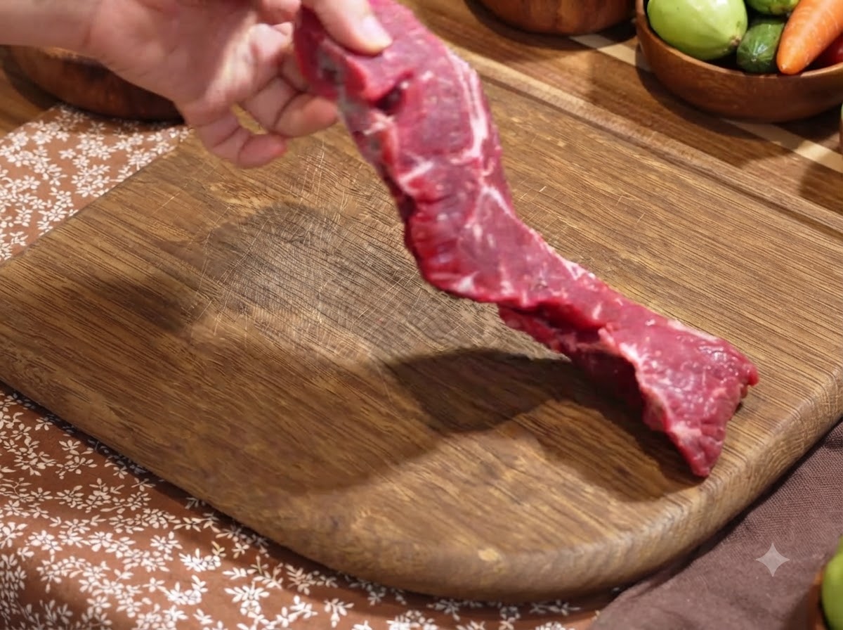 Filete de ternera fresco cortándose en trozos sobre una tabla de cortar de madera.