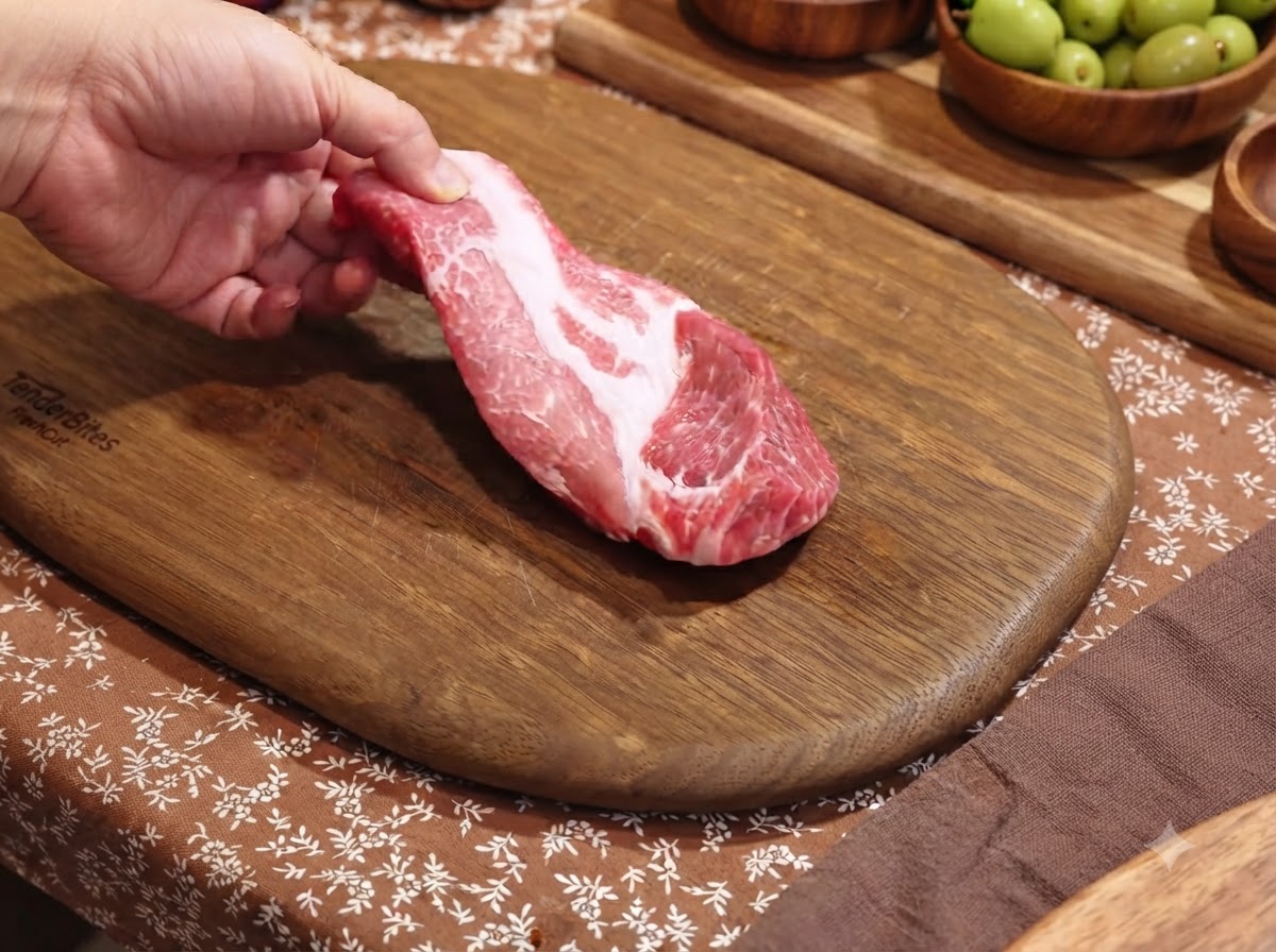 Una chuleta de paleta de cerdo cruda sostenida por una mano sobre una tabla de cortar de madera.