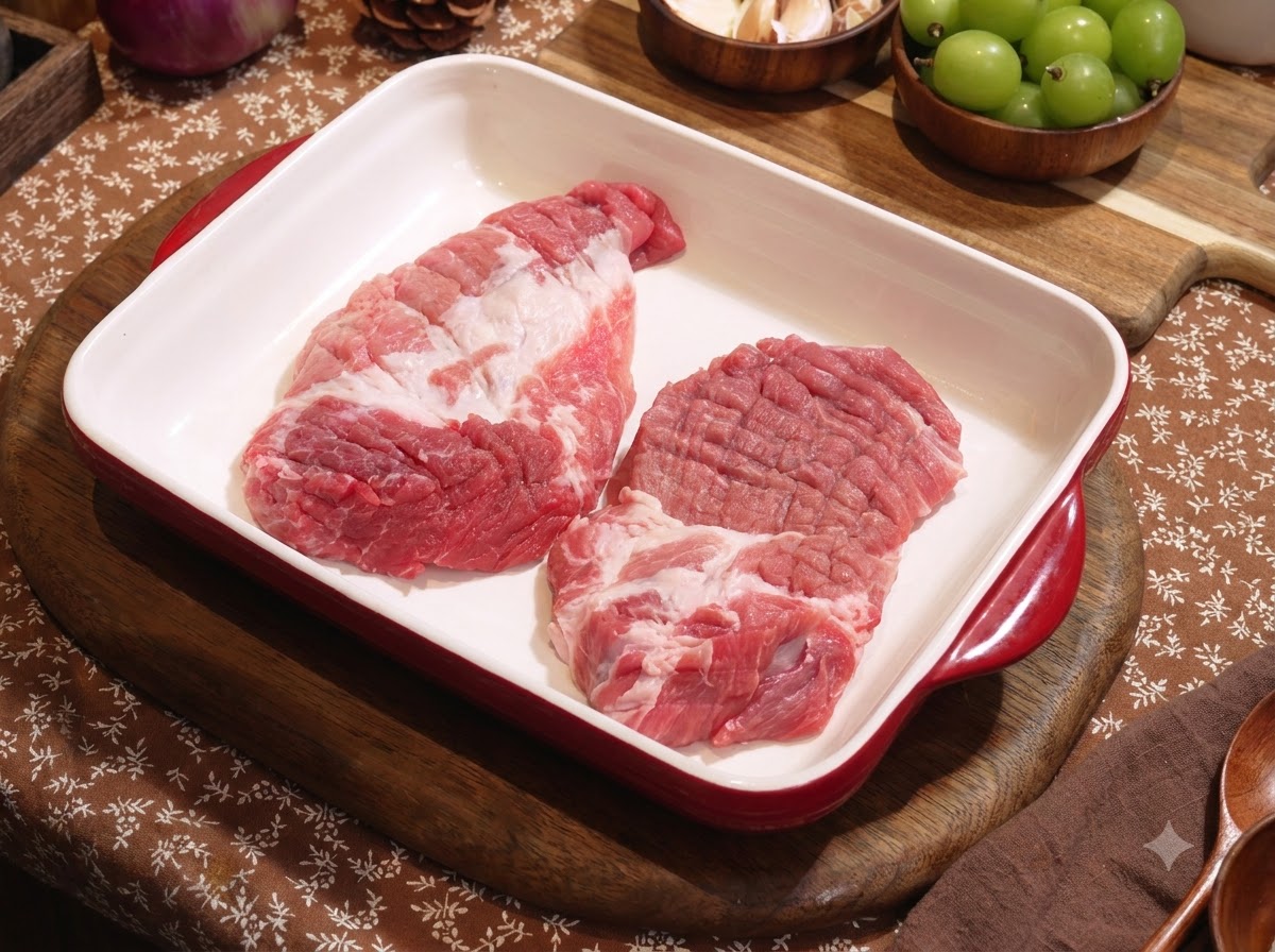 Chuletas de cerdo crudas en una bandeja blanca para hornear, sazonadas y listas para marinar.