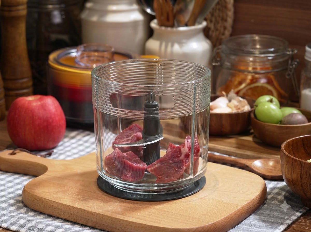 Trozos de carne de ternera cruda dentro del bol de vidrio de un procesador de alimentos.