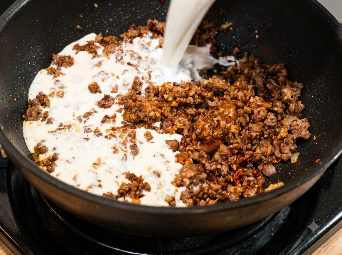 Leche siendo añadida a la mezcla de carne y cebolla cocinada en la sartén.
