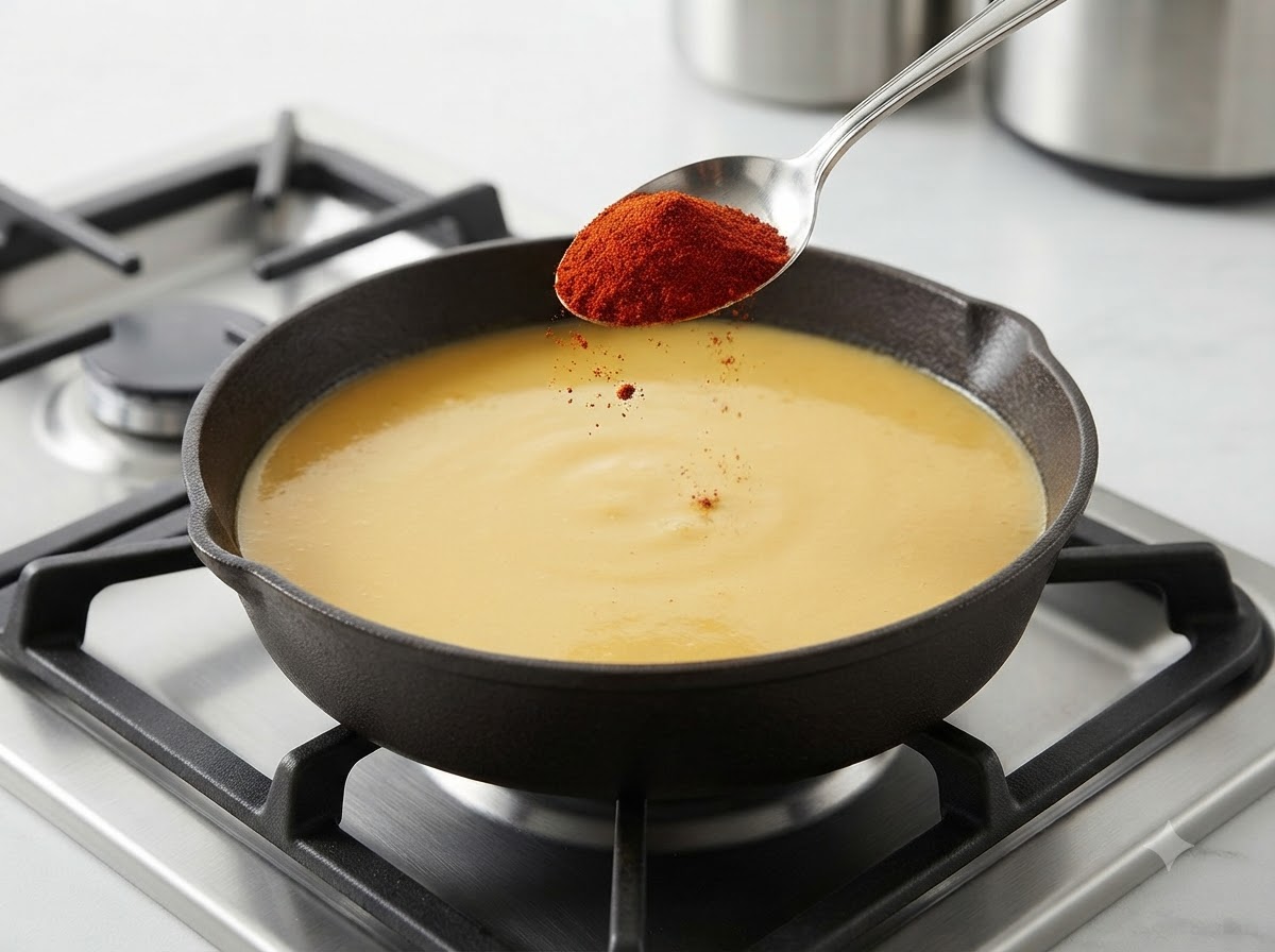 Polvo de pimentón dulce añadido desde una cuchara a la salsa de curry a fuego lento.