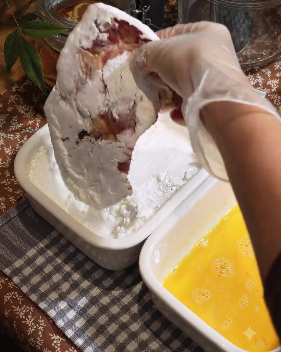 Una chuleta de cerdo marinada cubierta de almidón en una bandeja de recipiente blanco.