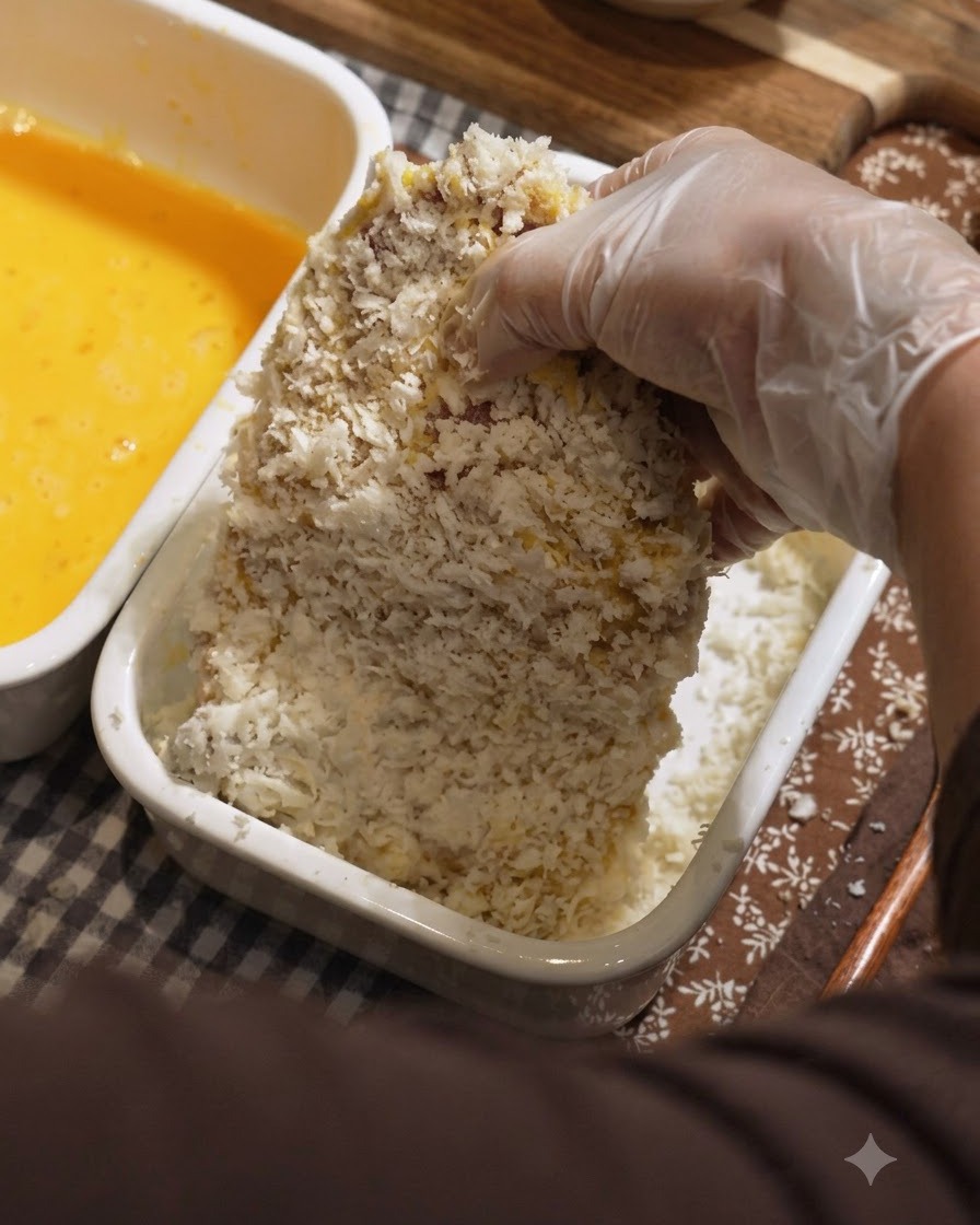 Una mano enguantada cubriendo una chuleta de carne con baño de huevo con pan rallado dentro de un recipiente de cerámica blanco.