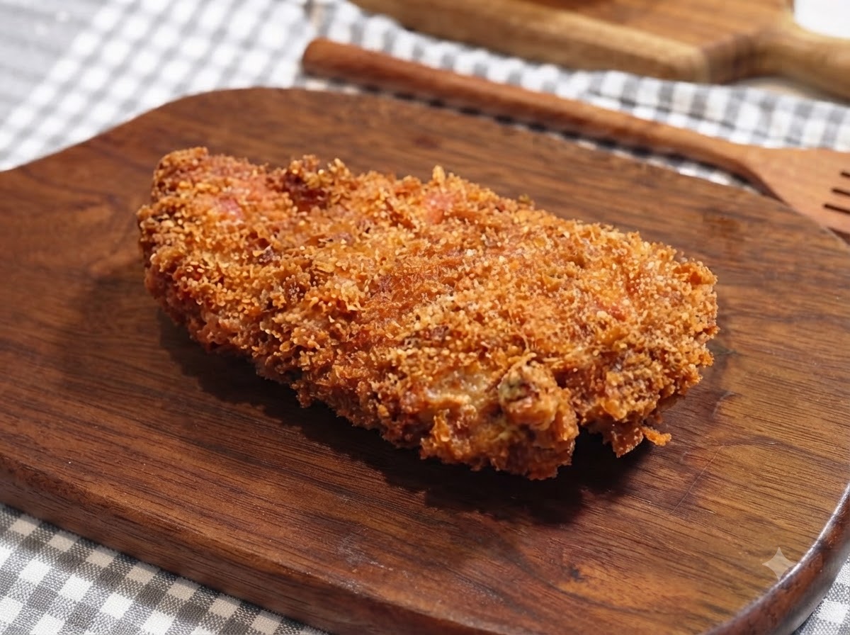 Una chuleta de cerdo dorada y recién frita reposando en una superficie de corte de madera.