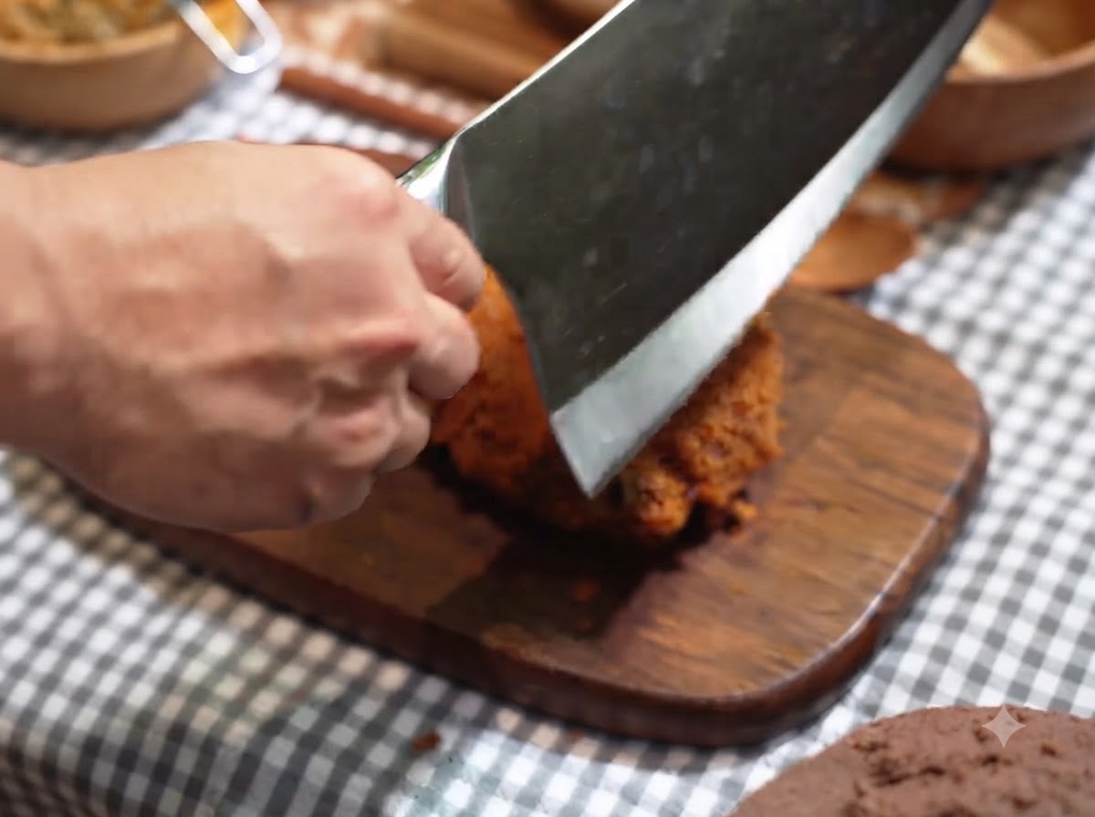 Un hacha cortando a través de una chuleta de cerdo crujiente y frita en una tabla de madera.