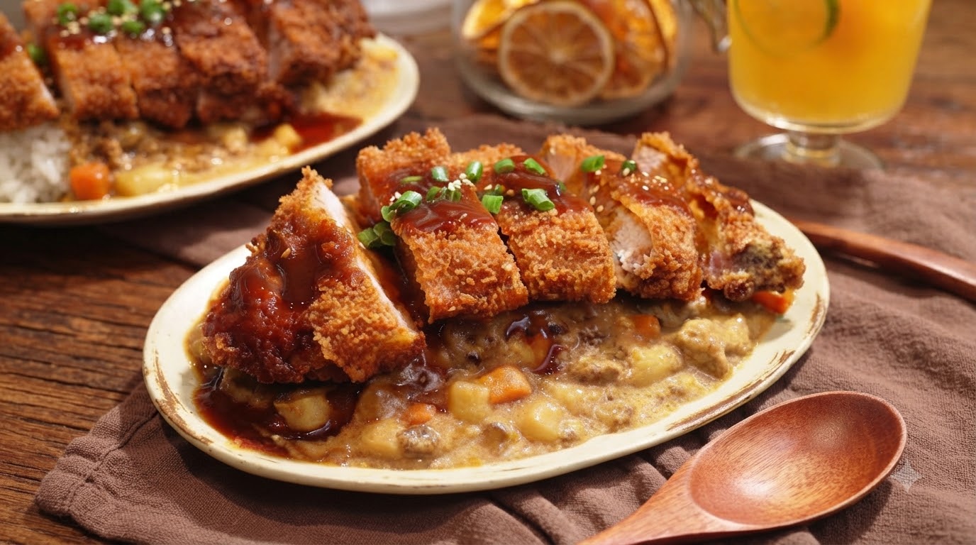 Chuleta de Cerdo Crujiente con Arroz y Salsa de Curry Rico