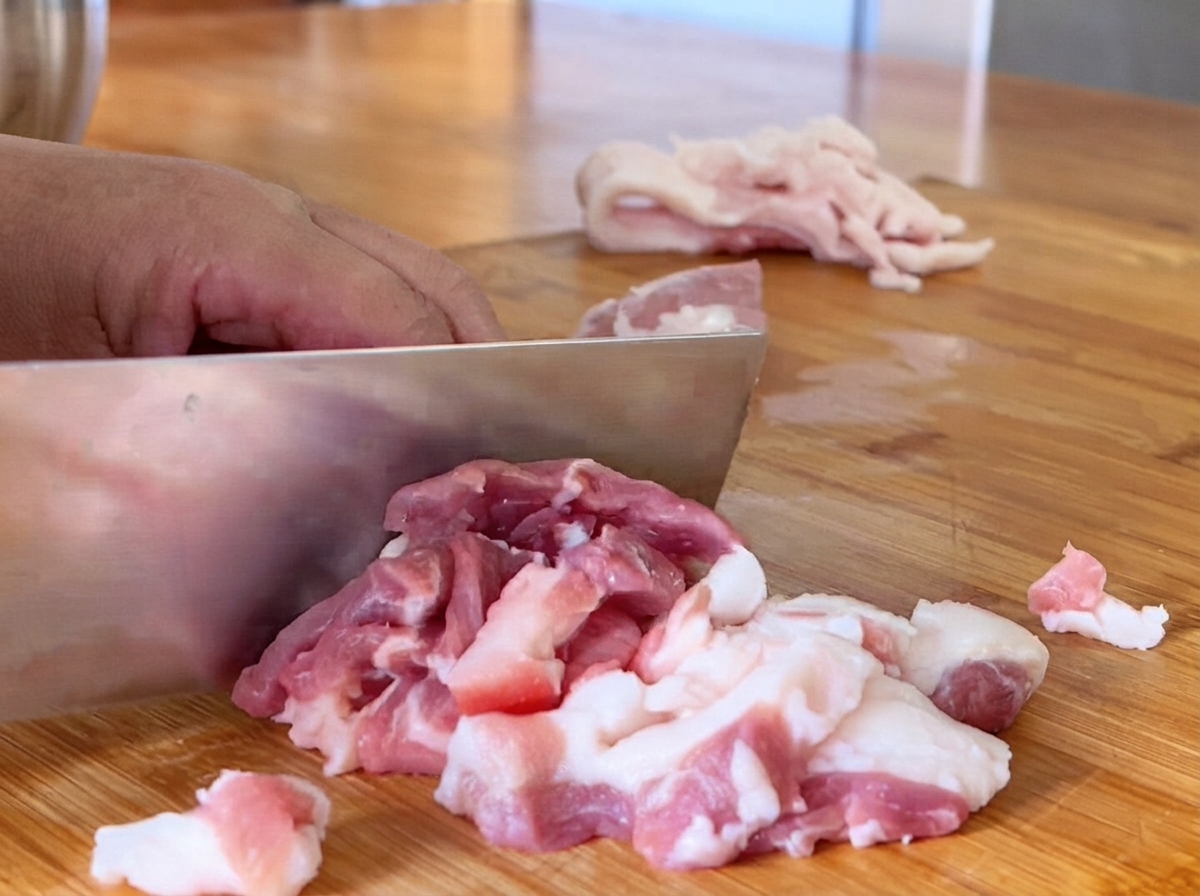 Rebanadas de cerdo siendo cortadas en una tabla de cortar de madera.
