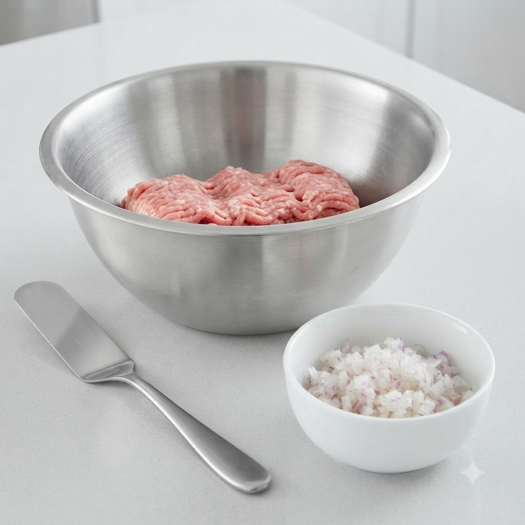 Un tazón para mezclar que contiene la pasta de cerdo picada junto con un tazón de cebollas picadas y una espátula.