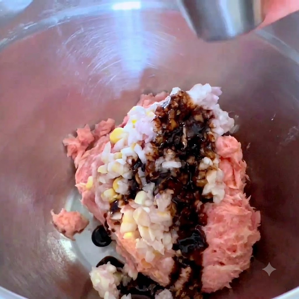 Salsas y condimentos vertiéndose en el tazón con el cerdo y las cebollas.