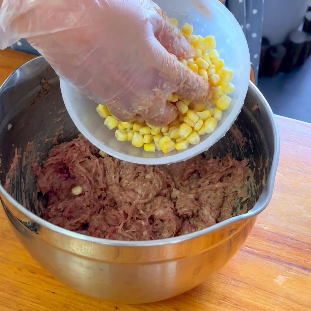 Granos de maíz de color amarillo brillante vertiéndose desde un tazón pequeño al cerdo mezclado.