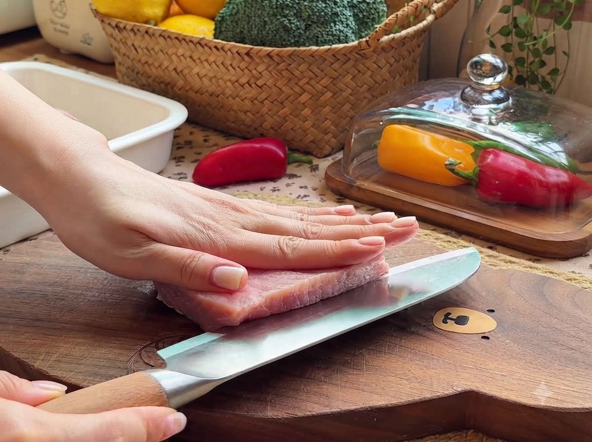 Una mano sosteniendo un cuchillo de chef cortando un trozo de lomo de cerdo rosado fresco por la mitad sobre una tabla de cortar de madera.
