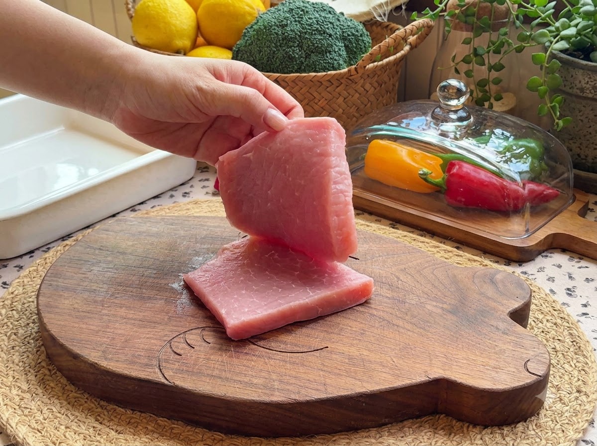 Un trozo de lomo de cerdo rosado fresco levantado sobre una tabla de cortar de madera junto a una fuente para horno blanca.