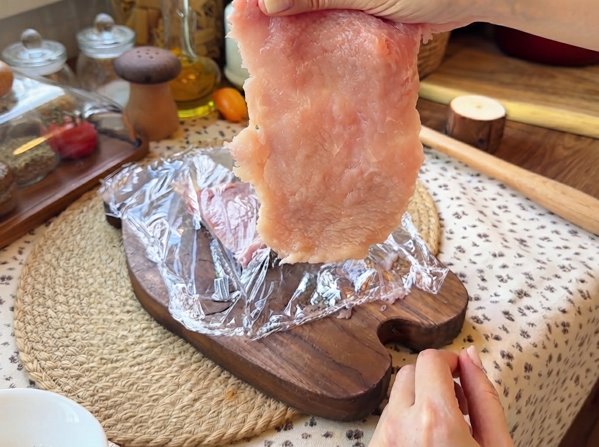 Un trozo de lomo de cerdo recién aplanado sostenido sobre una tabla de cortar de madera con film transparente.