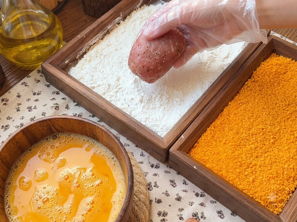Una mano enguantada sosteniendo un rollo de carne sobre una bandeja de madera llena de fécula de maíz, junto a un bol de huevos batidos y pan rallado.