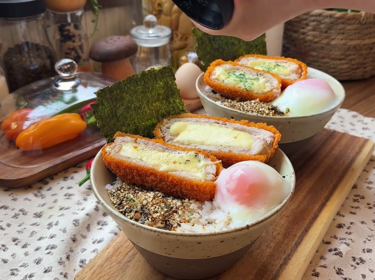 Un plato terminado de chuletas de cerdo crujientes con queso servidas sobre arroz con un huevo de aguas termales y una hoja de nori en un bol de cerámica.