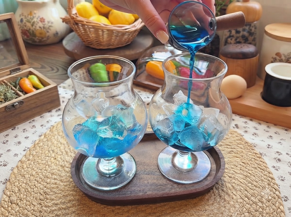 Jarabe azul siendo vertido desde un pequeño recipiente de vidrio en vasos altos llenos de cubitos de hielo sobre una bandeja de madera.