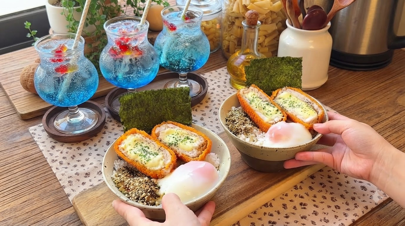 Chuleta de Cerdo Rellena de Queso con Arroz, Huevo Termas y Bebida de Burbujas de Pececitos