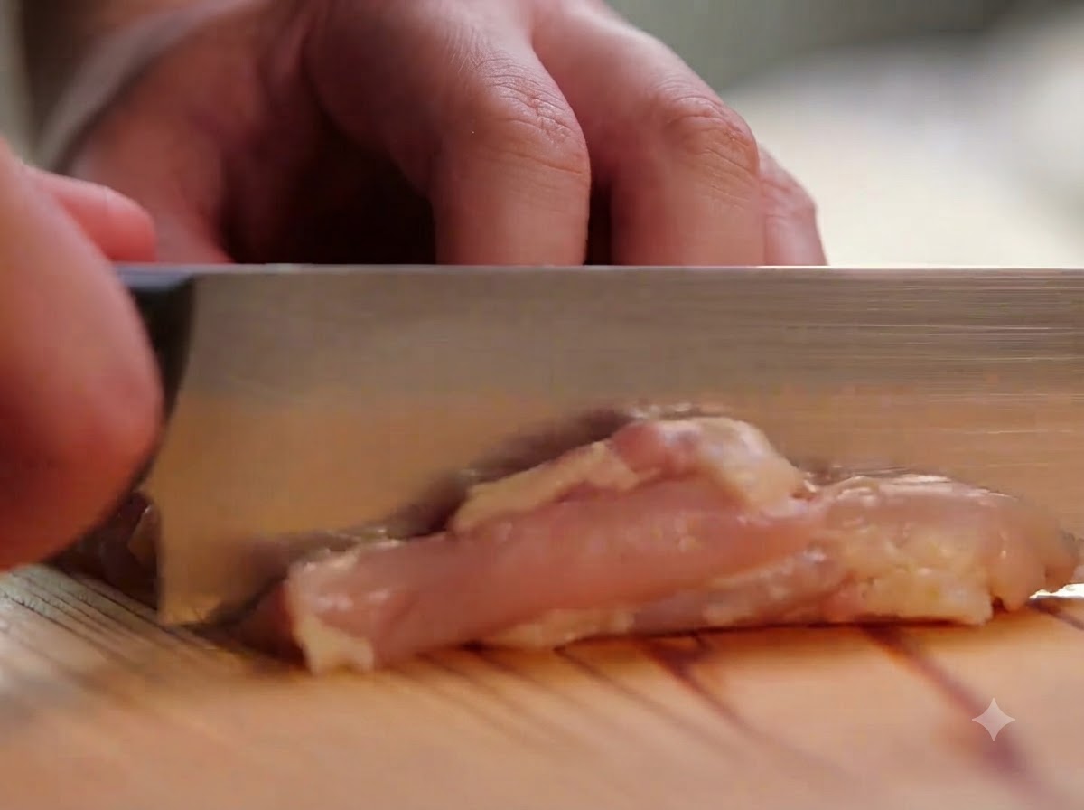 Muslos de pollo sin hueso cortándose en trozos pequeños sobre una tabla de cortar de madera con un cuchillo.
