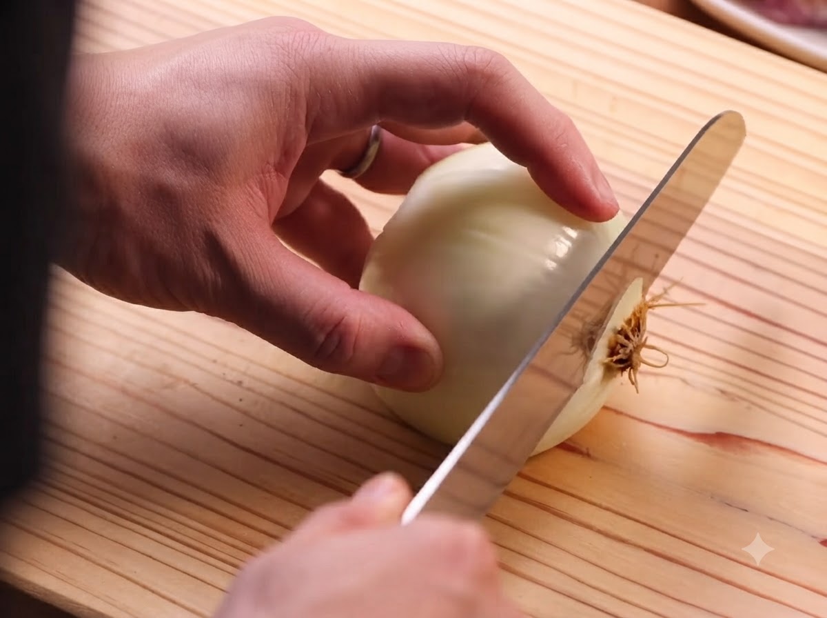 Una cebolla cortándose en tiras finas con un cuchillo sobre una tabla de cortar de madera.