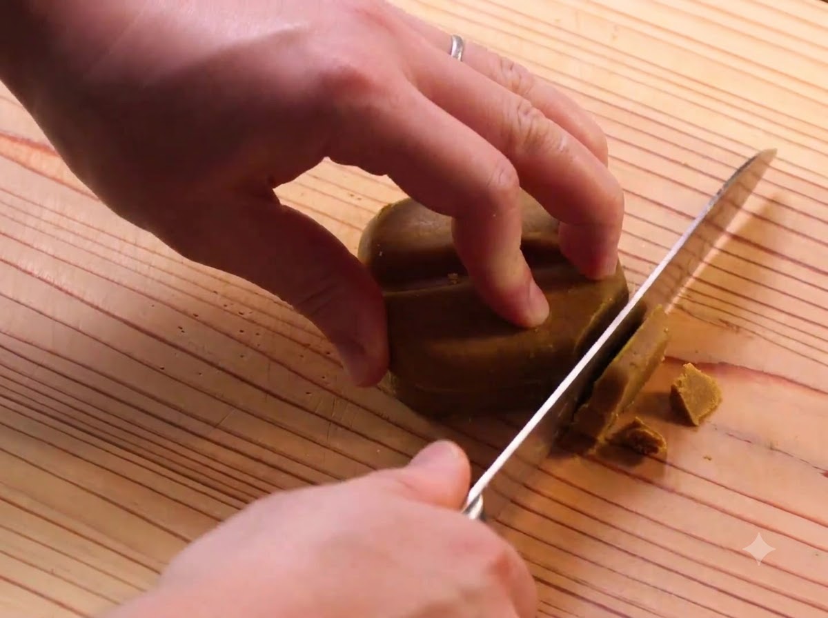 Un cuchillo cortando a través de bloques de curry japonés sobre una tabla de cortar de madera.