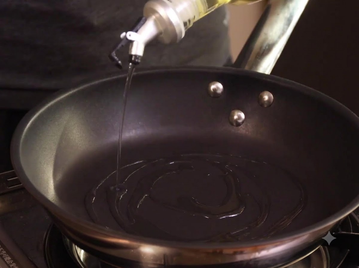 Trozos de pollo marinados agregándose a una sartén caliente con aceite para ser freídos.