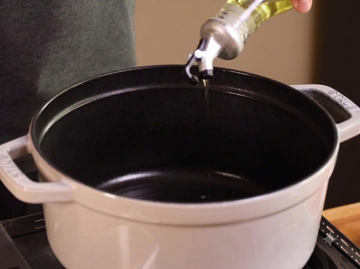 Aceite vertiéndose en una olla de guiso blanca para calentarse.