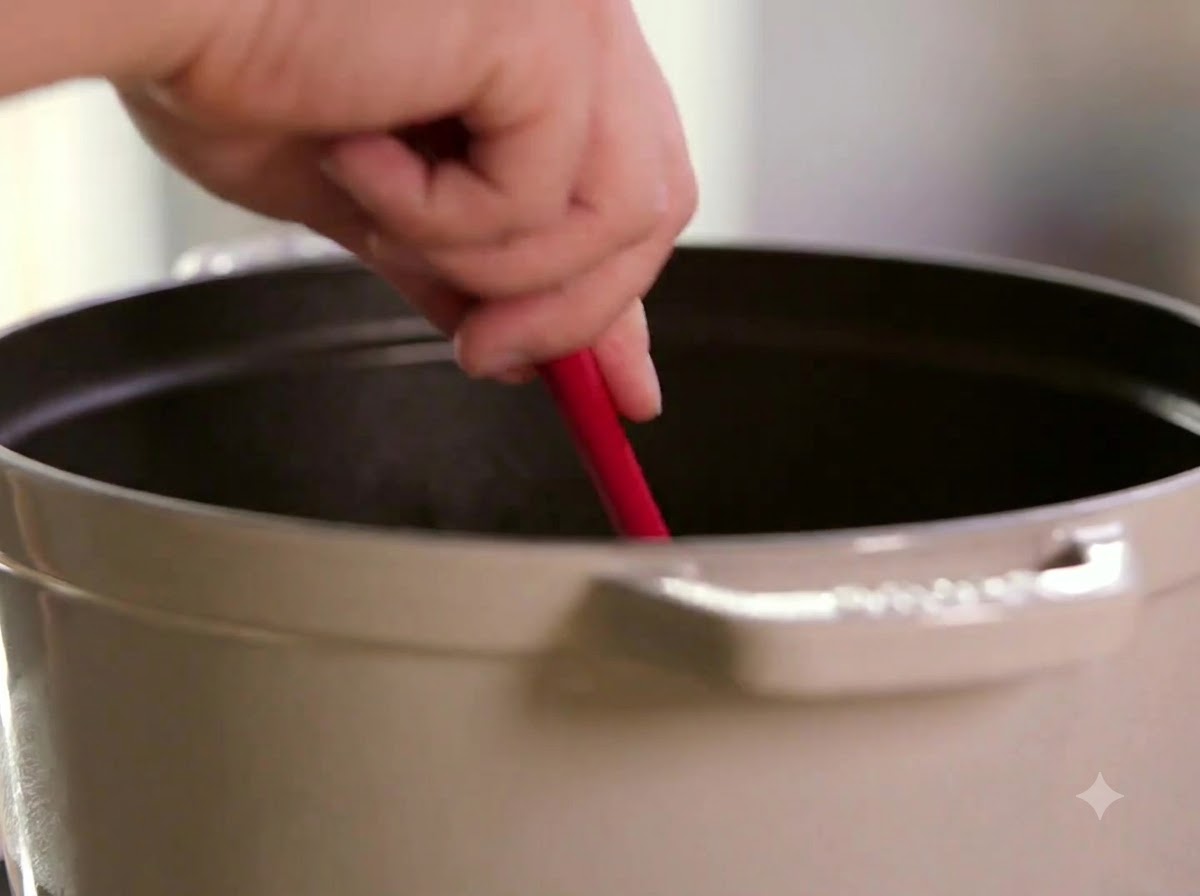Una espátula roja revolviendo cebollas cortadas en rodajas dentro de una olla de cocina.