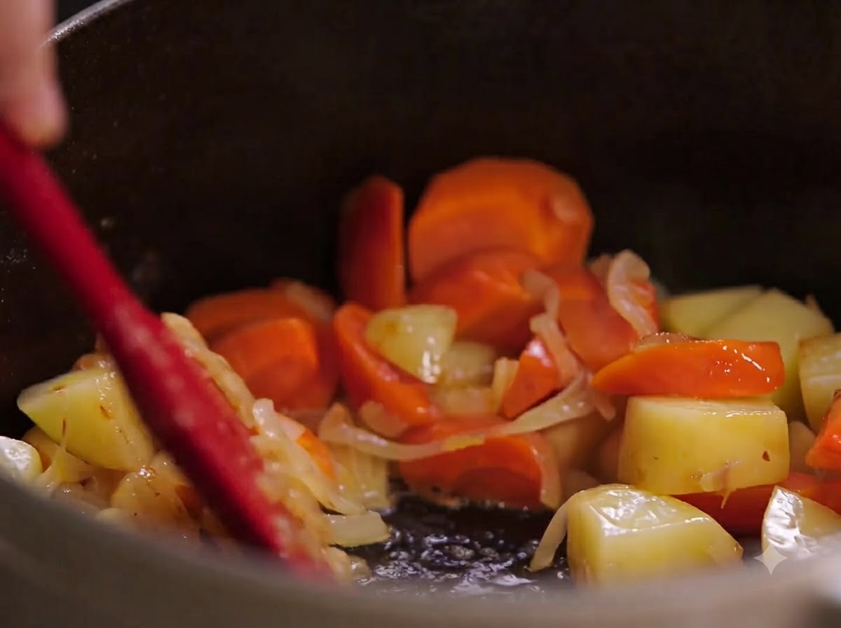 Trozos de pollo fritos agregándose a la olla con verduras.