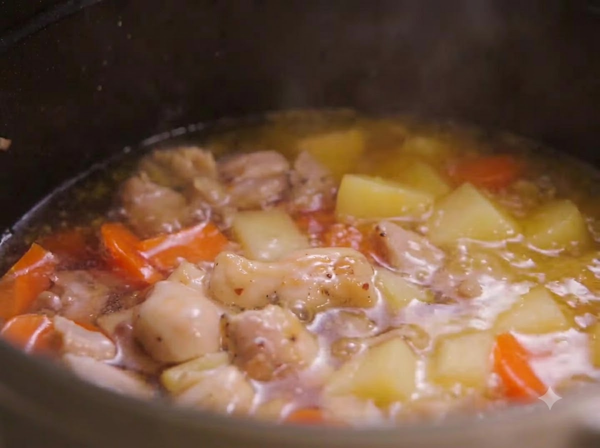 Caldo burbujeando en una olla con pollo, patatas y zanahorias mientras el curry se disuelve.