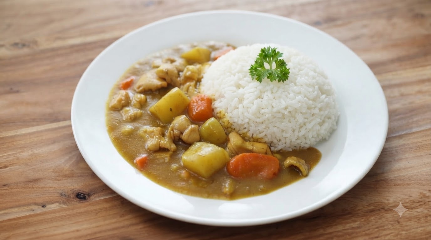 Un plato de curry de pollo japonés con una salsa dorada y brillante que cubre trozos tiernos de pollo, patatas suaves y zanahorias, servido junto a un montículo de arroz blanco y decorado con perejil fresco.