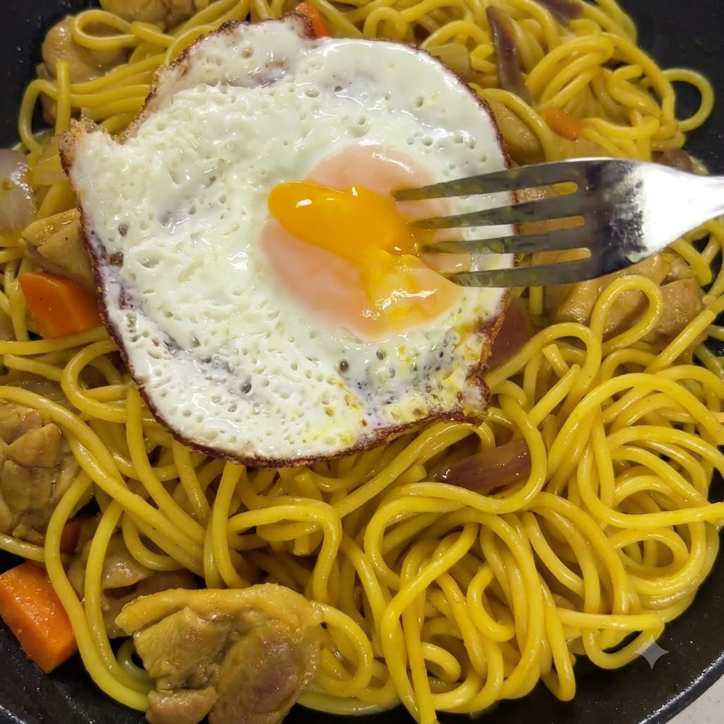 Fideos siendo levantados y mezclados con la espesa salsa de curry en la sartén.