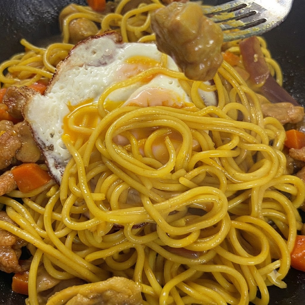 Un huevo frito friéndose en una sartén con bordes crujientes y yema líquida.