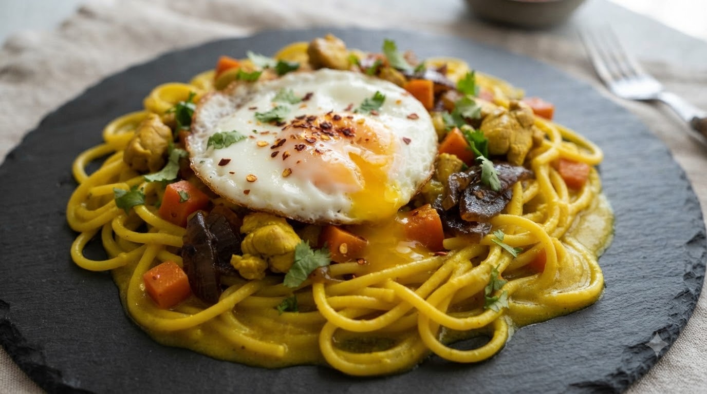 Pasta con Pollo al Curry en Una Sarten y Huevo Frito