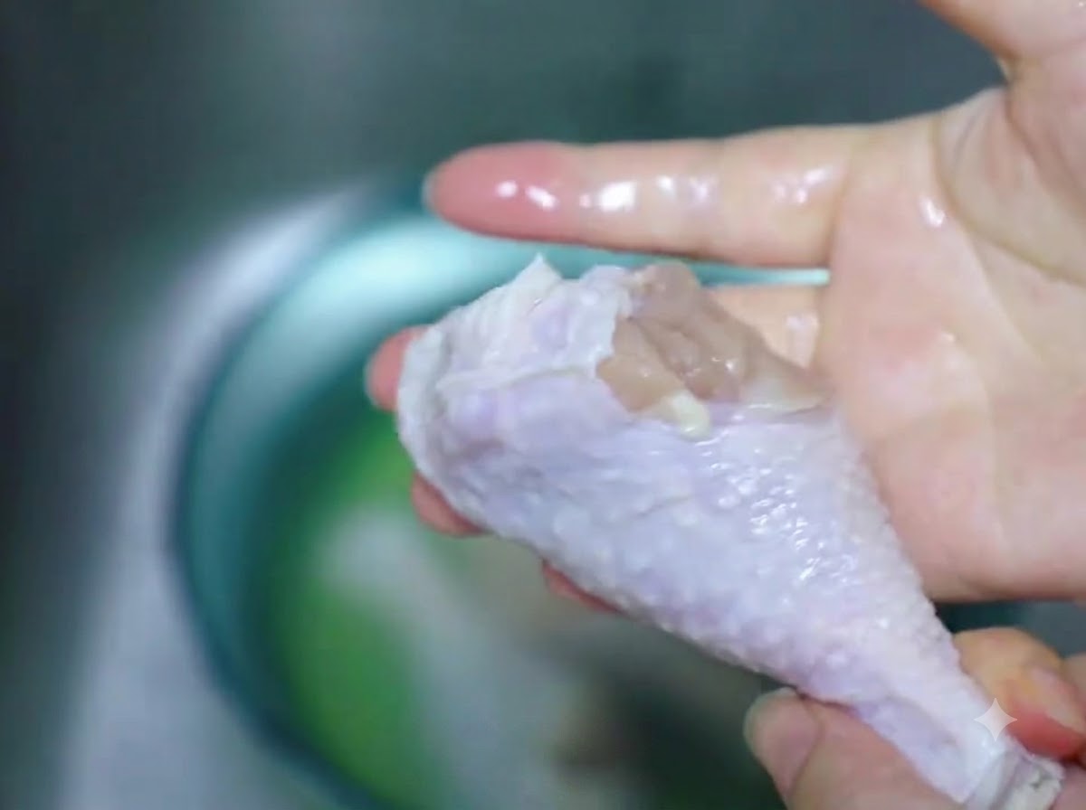 Un muslo de pollo descongelado siendo secado con una toalla de papel.
