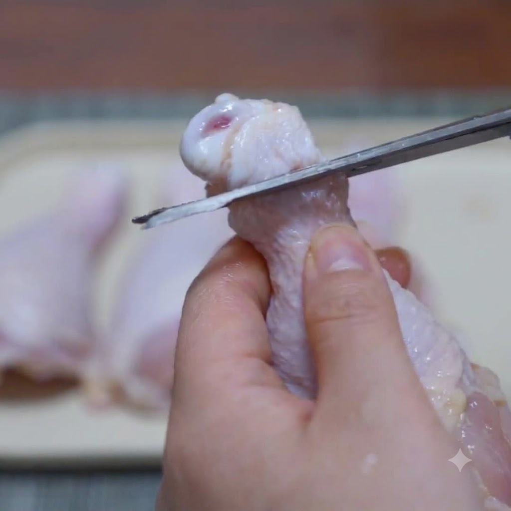 Uso de tijeras de cocina para cortar alrededor de la articulación de un muslo de pollo para la preparación del deshuesado.