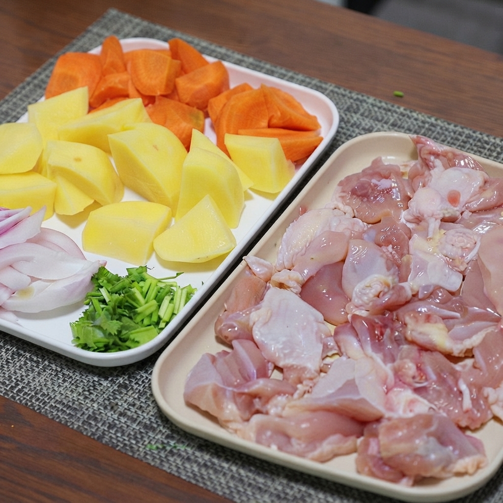 Trozos de pollo cortados sazonados con sal y pimienta negra en una bandeja.
