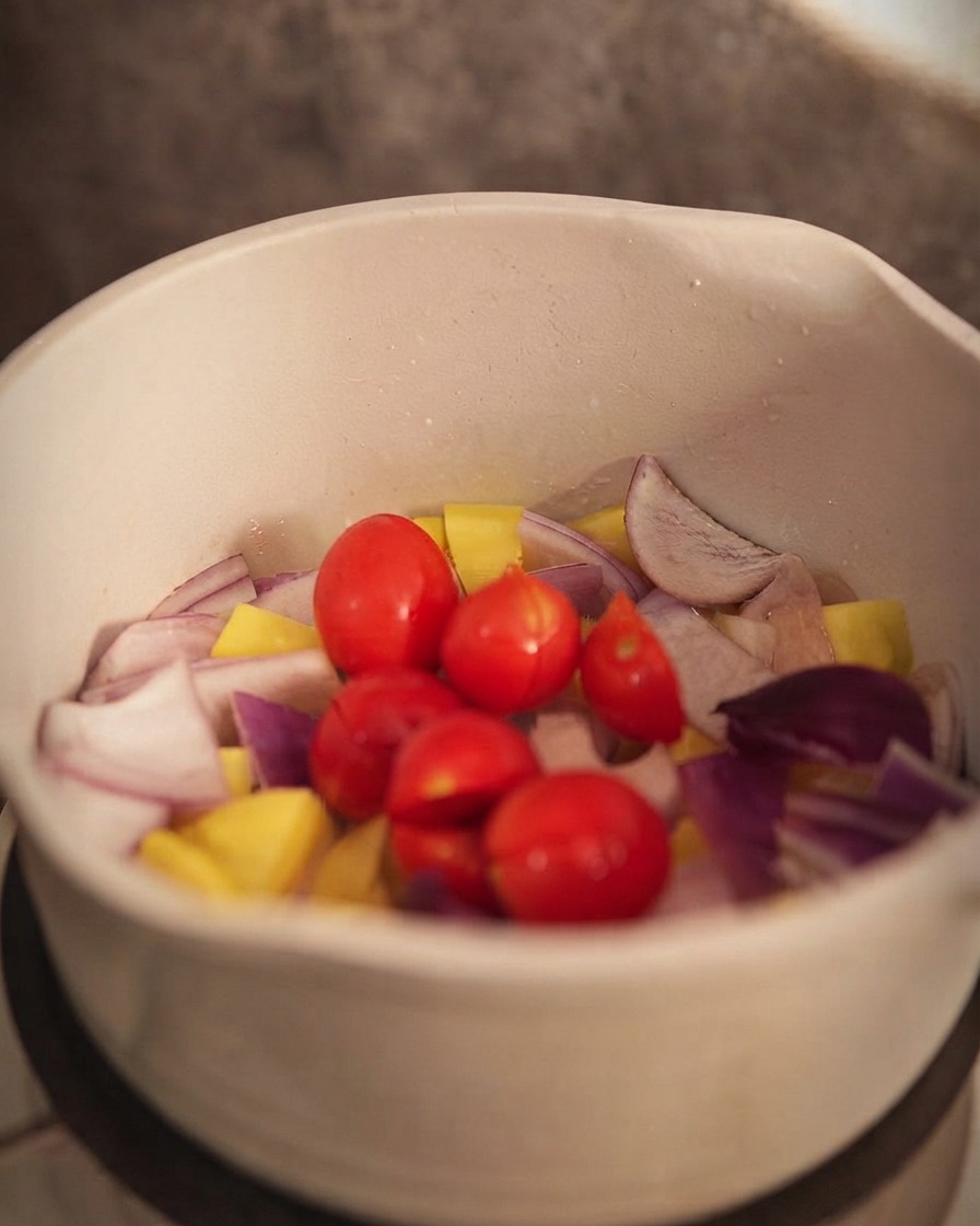 Tomates pequeños añadidos a la olla con patatas y cebollas.