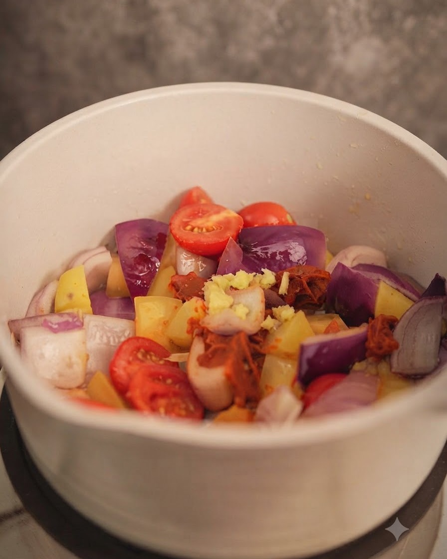 Jengibre picado mezclándose con la mezcla de curry y verduras.