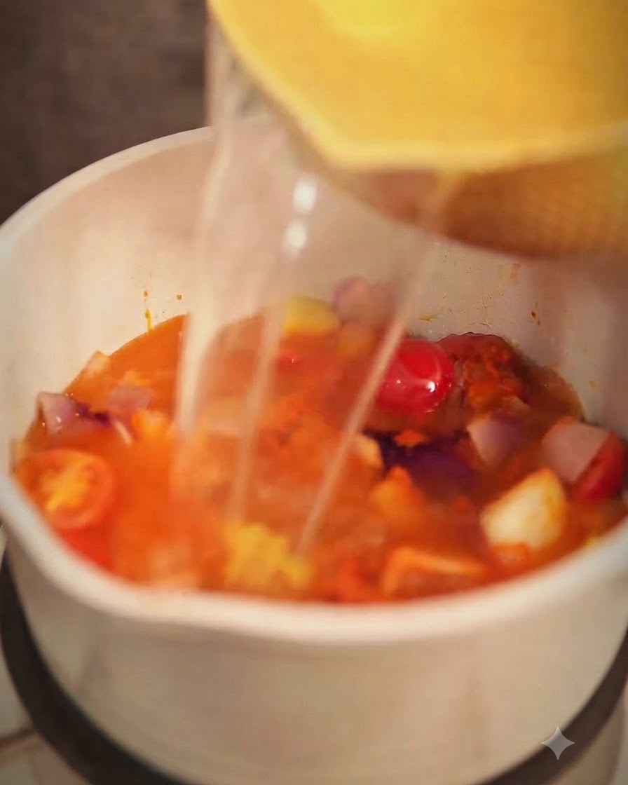 Caldo de pollo vertiéndose en la olla con la mezcla de curry y verduras.
