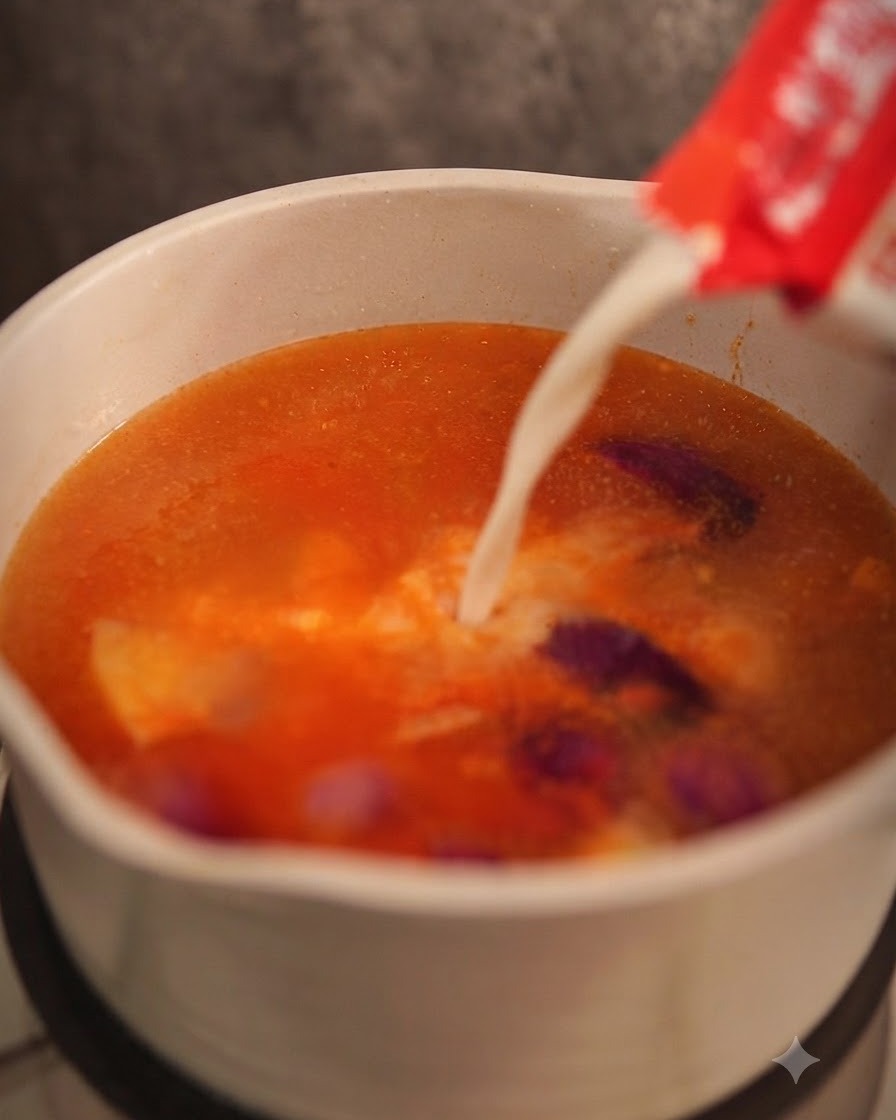 Leche de coco espesa vertida desde un cartón en una olla con caldo de curry rojo hirviendo a fuego lento.