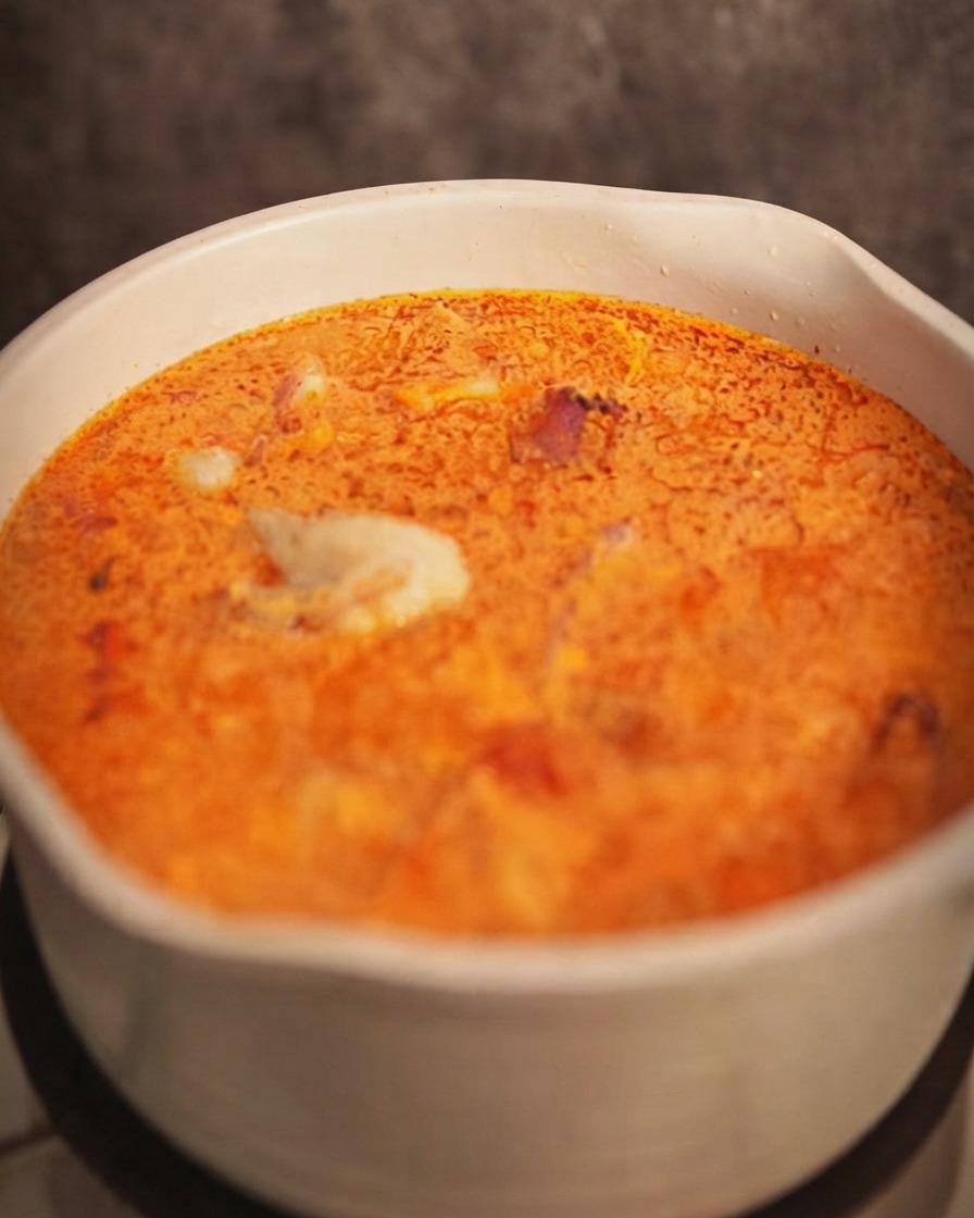 Trozos de pollo escaldados añadidos nuevamente a la olla con la sopa de curry rojo burbujeante.