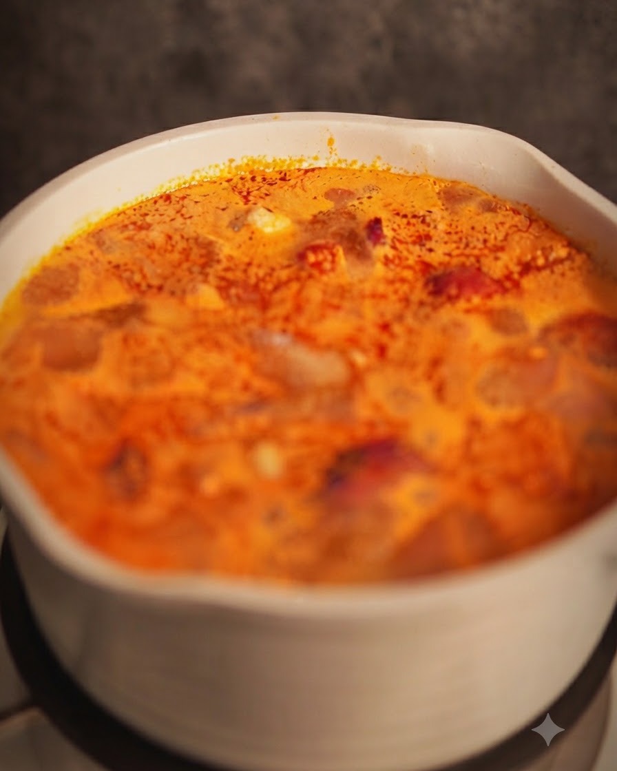 Cebollinos triturados mezclándose en una olla de sopa aromática de curry rojo.