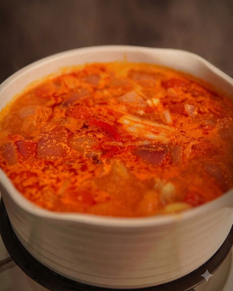Zumo de naranja fresco exprimiéndose en la mezcla de sopa burbujeante.
