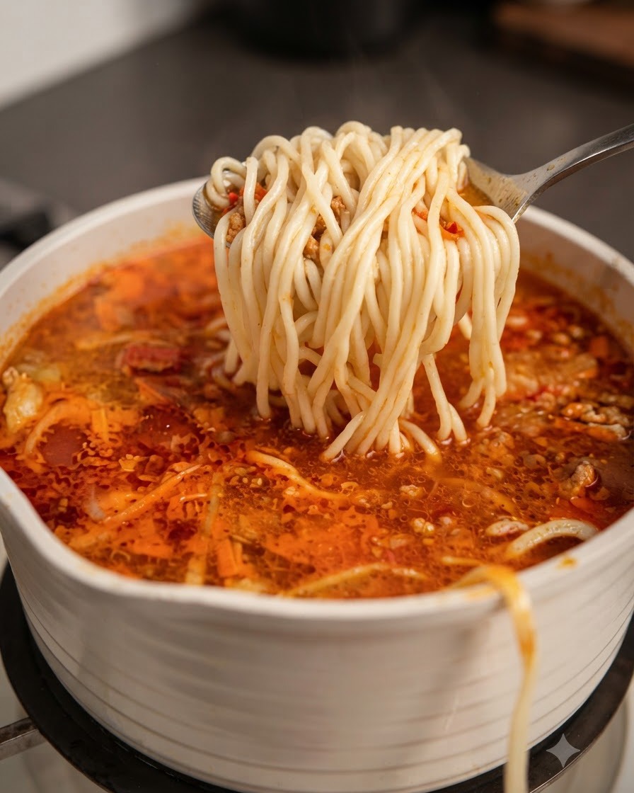 Un cucharón levantando una porción de fideos cocidos sobre una olla llena de sopa de fideos.