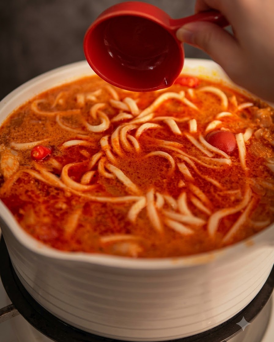 Una taza medidora roja utilizada para terminar la sopa de fideos adornada con lima y pimienta.