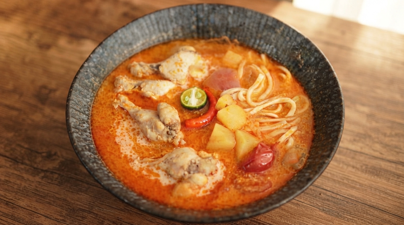 Sopa de Fideos con Pollo y Patatas al Curry Rojo Tailandés