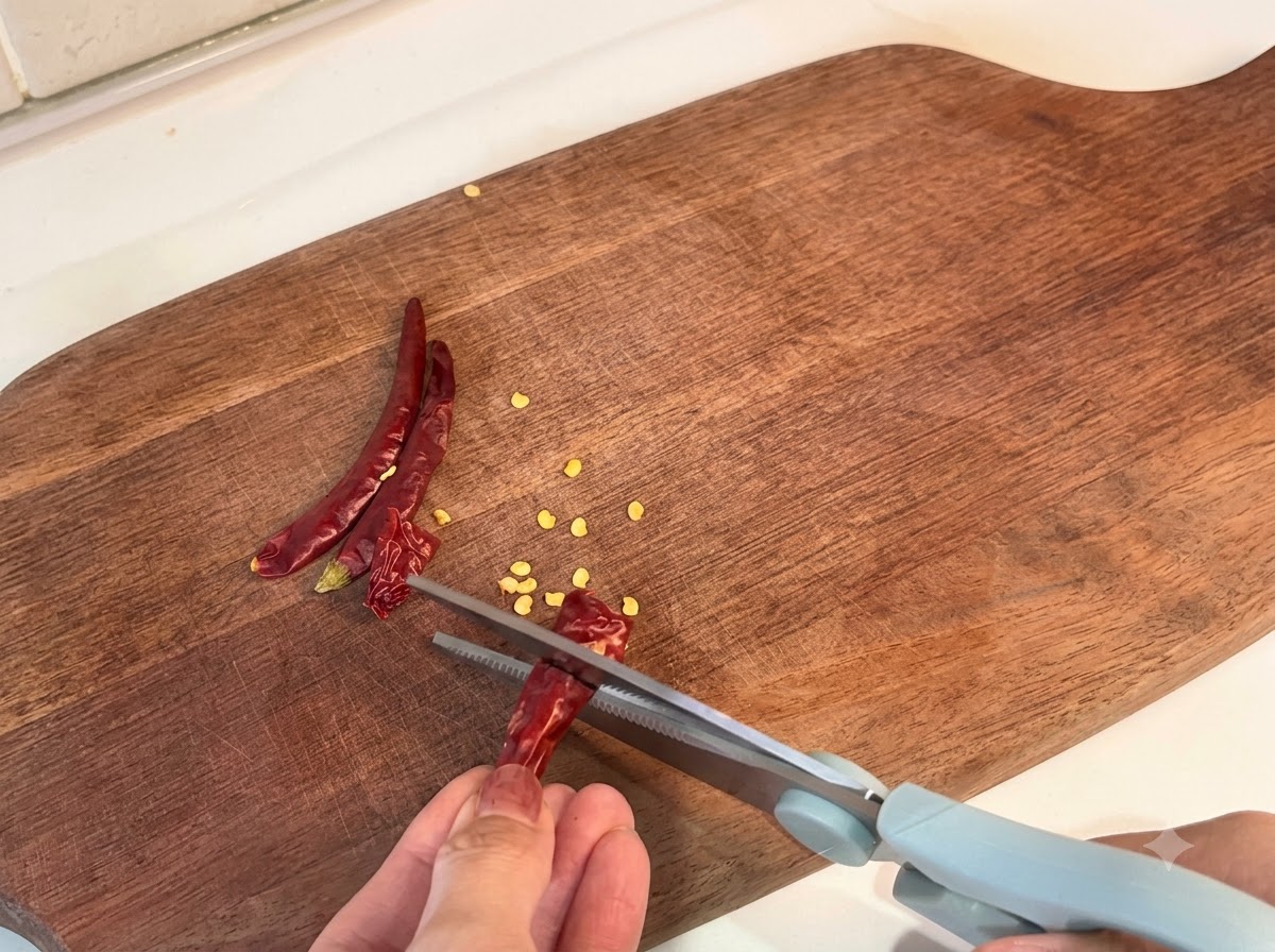 Chiles secos cortados en secciones usando tijeras de cocina sobre una tabla de madera.