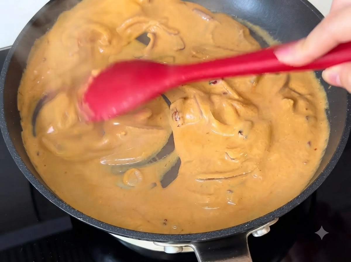 Una espátula roja revolviendo salsa de curry cremosa anaranjada dentro de una sartén.