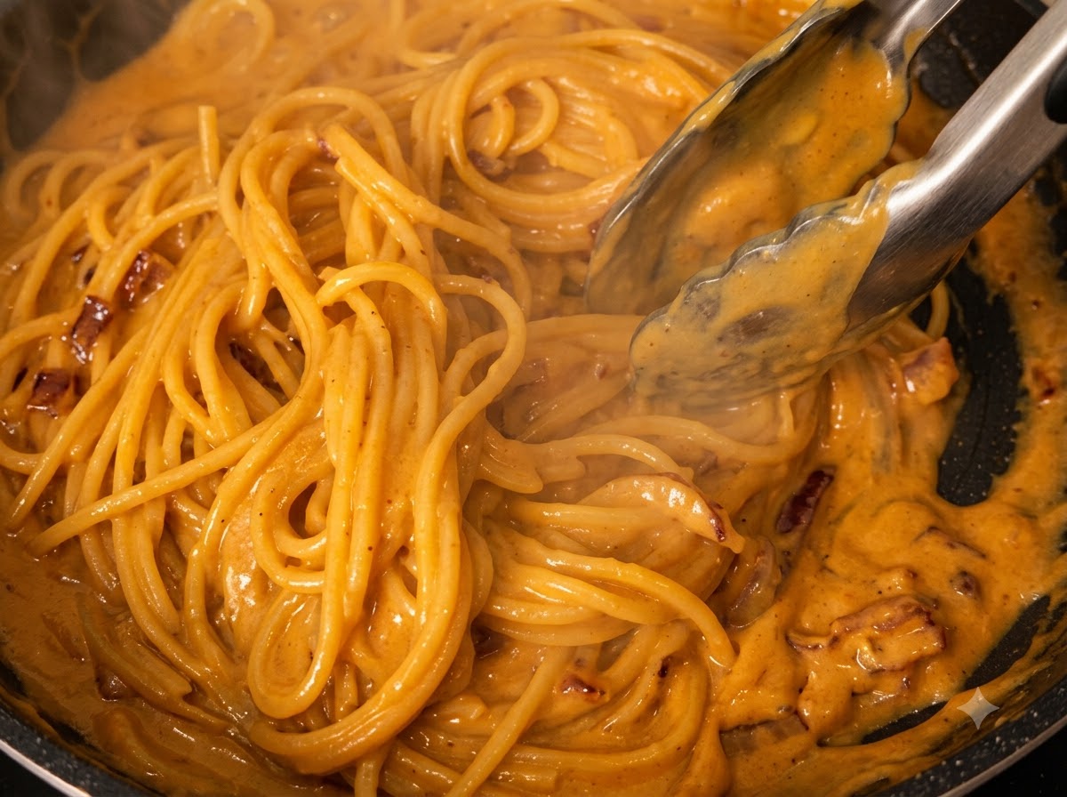 Pasta de espagueti siendo mezclada en una rica salsa de crema de curry con pinzas.